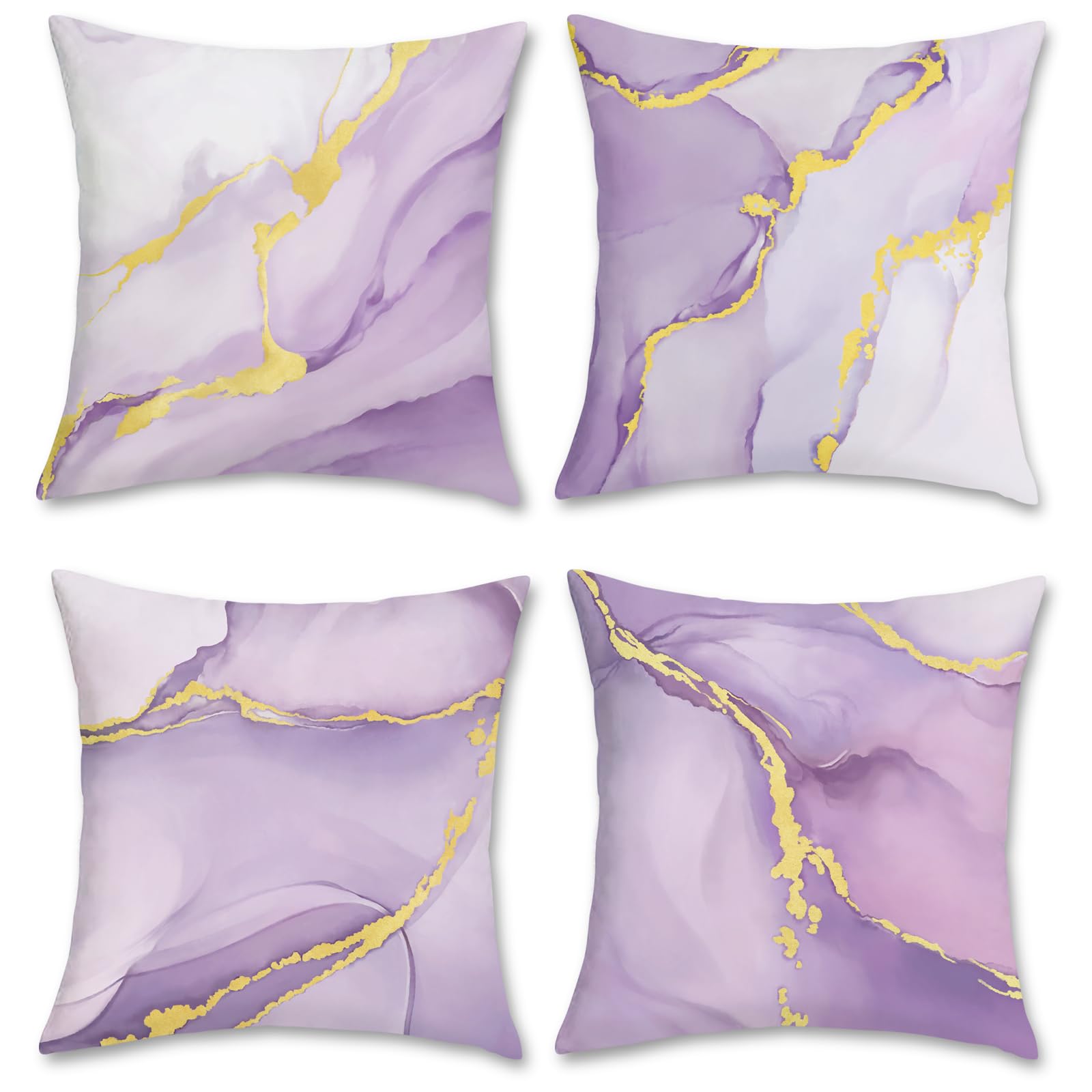 Bonhause Purple Gold Marble Throw Pillow Covers 18 x 18 Inch Modern Abstract Marble Texture Decorative Pillow Cases Lilac Cushion Covers for Couch Sofa Bed Home Decor Set of 4