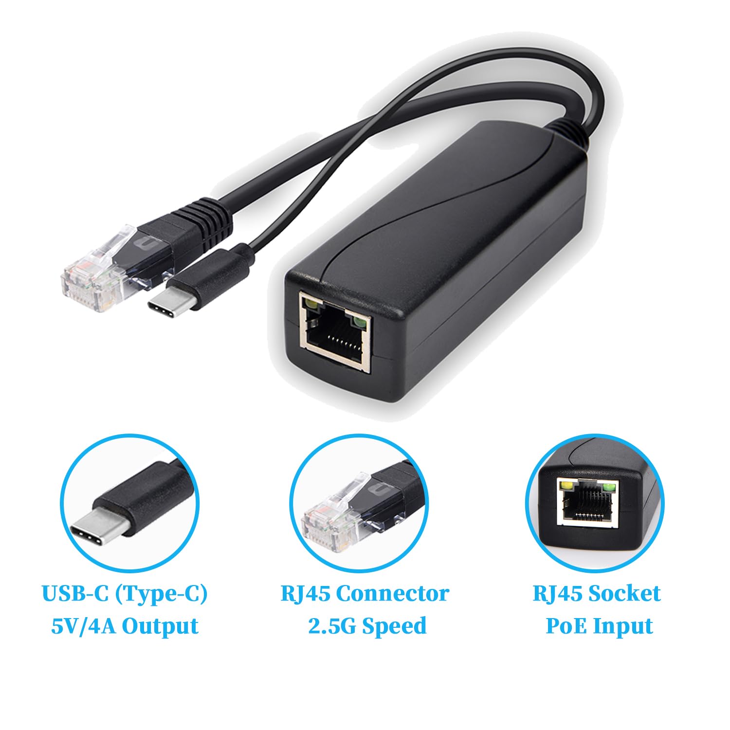 GeeekPi Gigabit USB-C PoE-splitter 48 V tot 5 V IEEE802.3af Power Over Ethernet voor Raspberry Pi 4B /3B , tablets, Dropcam (48V to 5V 4A
