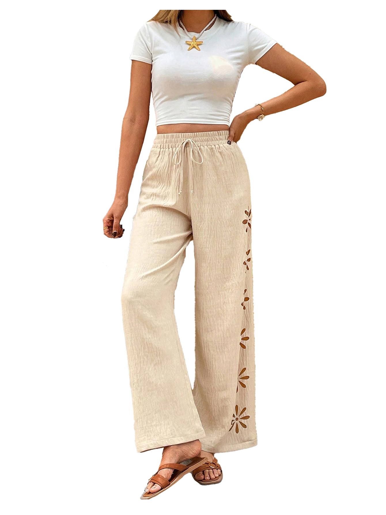 SweatyRocks Womens Straight Leg Drawstring Elastic Waist Pants Hollow Out Textured Loose Trousers