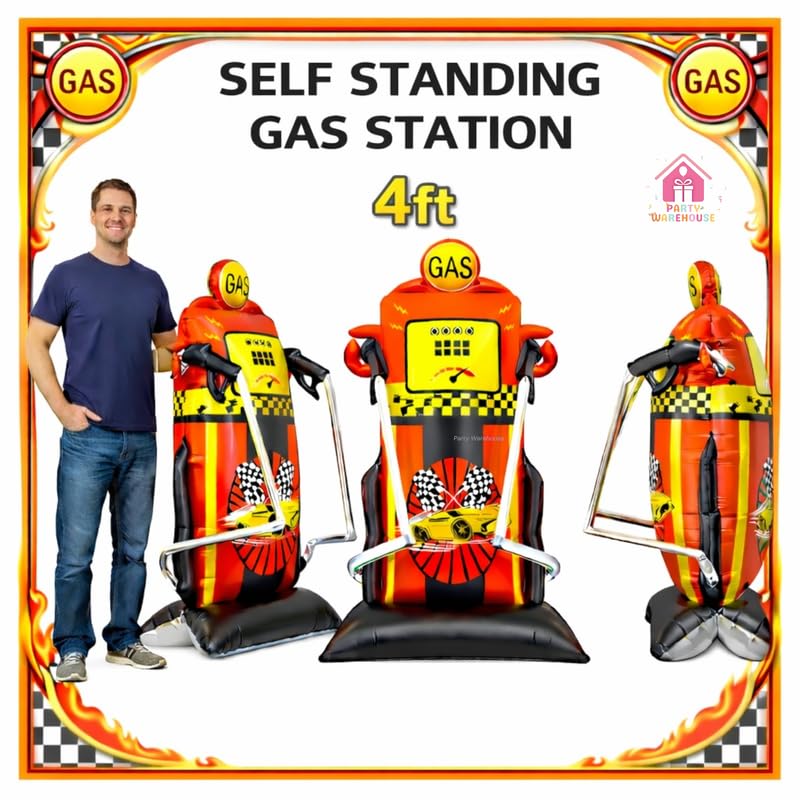 Image of Party Warehouse Racing Car Theme Birthday Decoration Set-XXL Gas Standee Pump Balloon,Car,Traffic Signal,Tyre,Checkered Flag & Cone Foil Balloon|Car Theme Party|Boys Birthday Racing Party Decor-37 Pcs