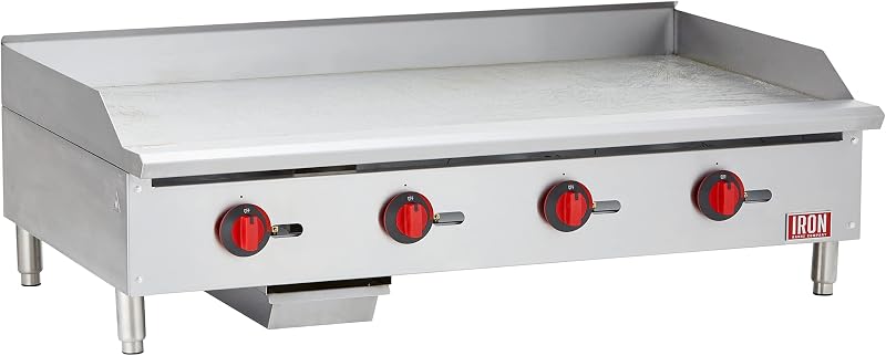 Iron Range IRMG-48 Plancha de gas comercial para encimera de 48" x 21", 120,000 BTU, 4 quemadores, acero inoxidable, controles manuales, certificación ETL, quemadores estilo U, kit de conversión a GLP incluido