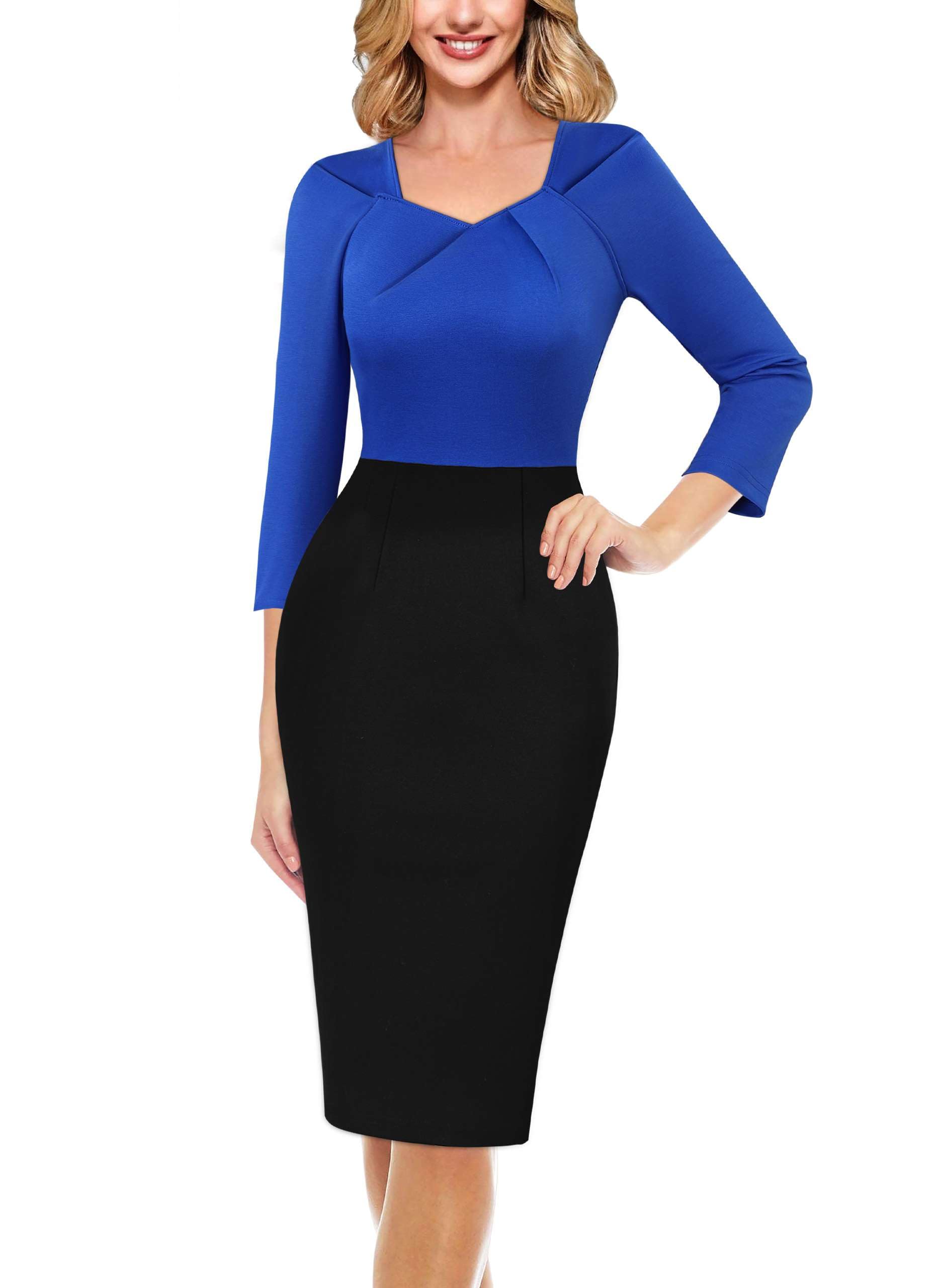 VFSHOW Womens 2025 Work Business Office Dresses Pleated Asymmetric Neck Vintage Church Slimming Pencil Sheath Dress