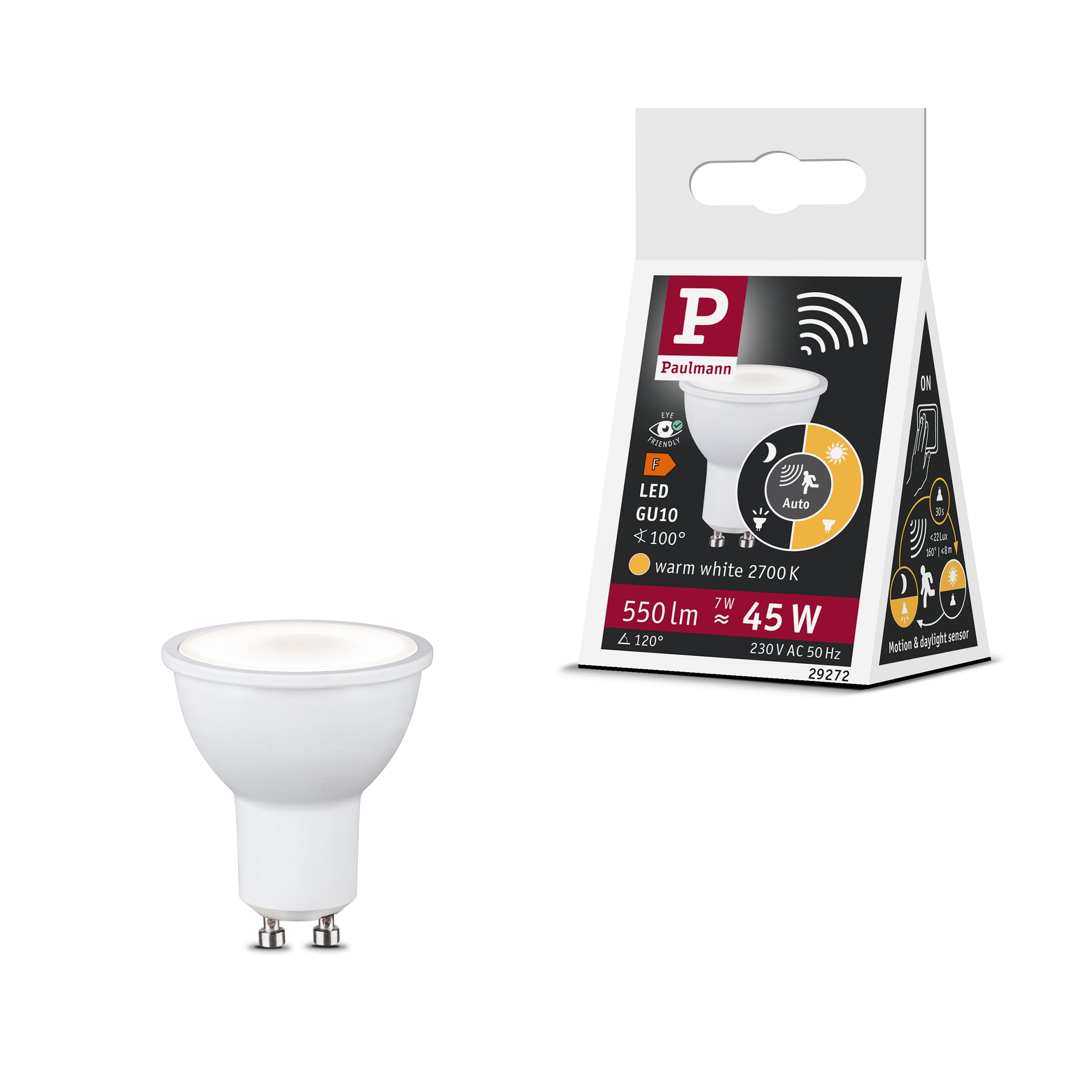 Paulmann Standard 230V LED Reflector GU10 Twilight Controlled Motion Detector (HF) 550lm 7W 2700K White matt 29272