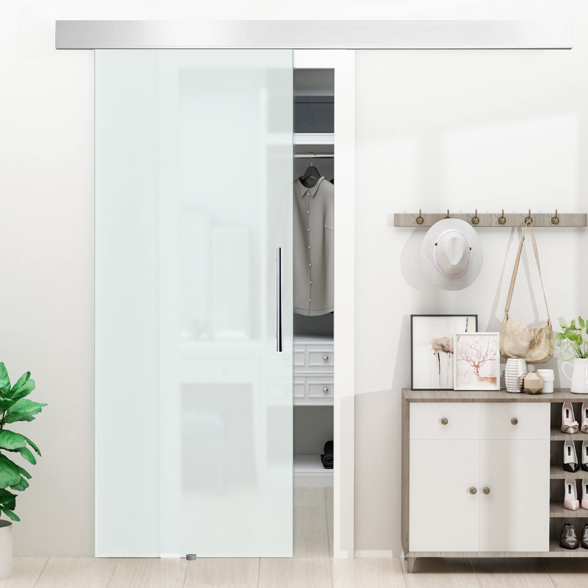 HOMCOM Porta Scorrevole Interna in Vetro Smerigliato con Binario e Maniglia per Bagno Cucina Studio 205 x 90 x 0.8cm