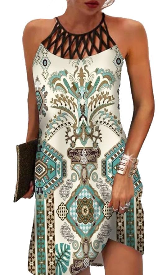 Image of LOVESHOOT Summer Dresses for Women 2026 Casual Floral Hollow Out Halter Neck A-line Sundress for Beach Vacation with Pockets