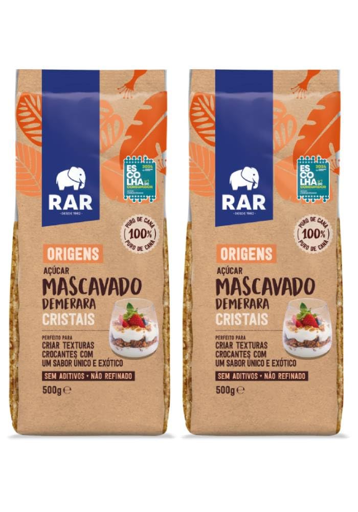 Pack 2 Azúcar Mascabado Demerara RAR 500 g, 1 kg total, azúcar de caña no refinado, cristales dorados y crujientes, sabor suave, ideal para café, té, fruta y cereales.