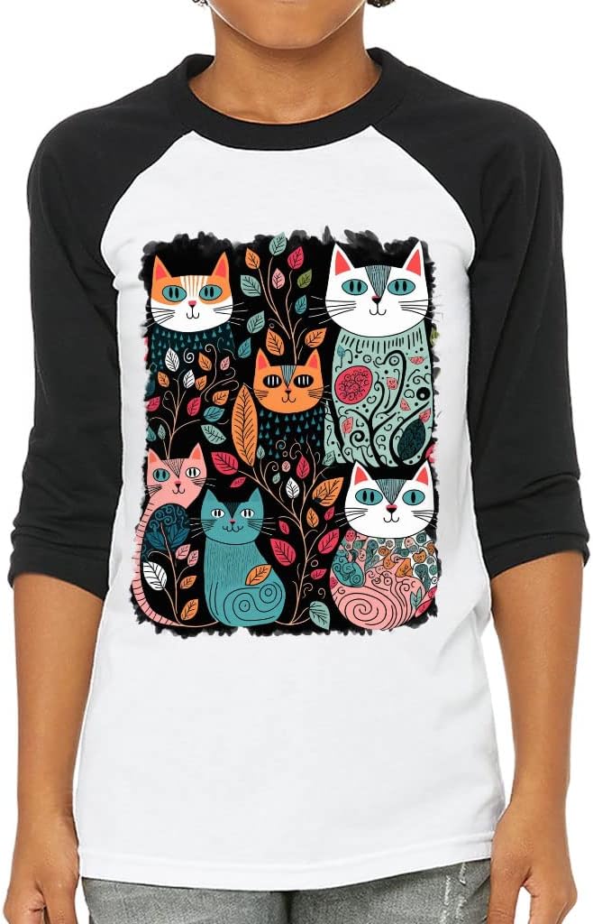 Cats Print Kids' Baseball T-Shirt - Kitten Art 3/4 Sleeve T-Shirt - Graphic Baseball Tee