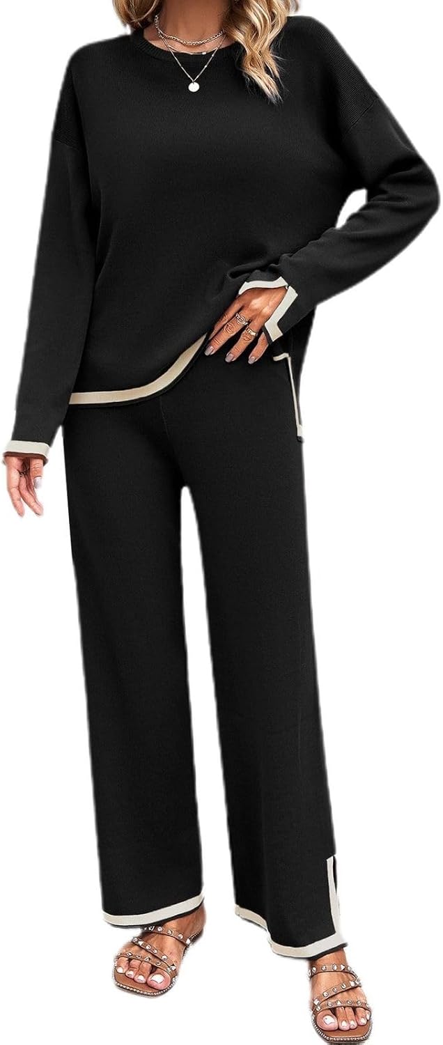 Women's 2 Piece Outfits Sweatsuits Long Sleeve Knit Sweater Top Wide Leg Knit Pants Lounge Sets Tracksuits