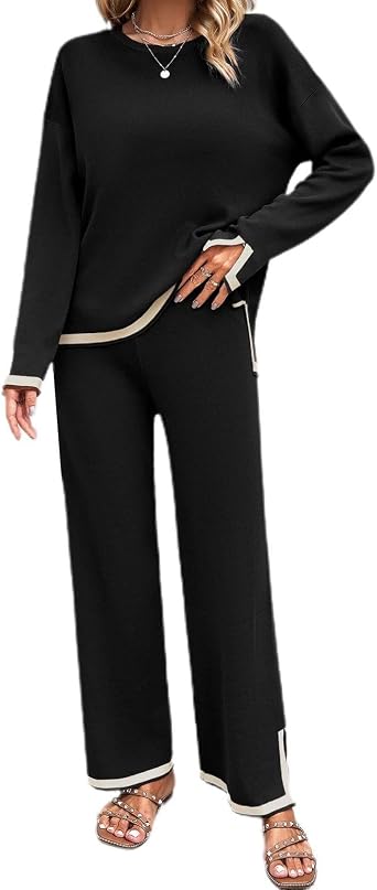 Womens 2 Piece Outfits Travel Pant Suits Dressy Long Sleeve Knit Sweatsuit Sweater Top Wide Leg Pants Lounge Sets
