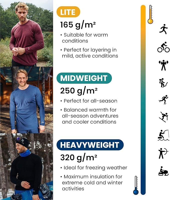 Image of Merino Wool Base Layer Mens Bottom Pants 100% Merino Wool Heavyweight, Midweight, Lite Thermal Underwear Long Johns and Socks