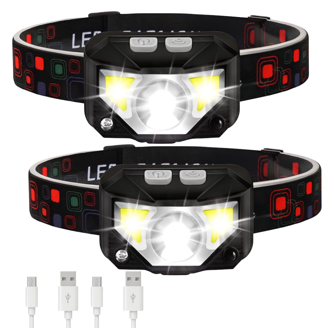 Keeble Outlet - Linterna frontal de 1200 lúmenes, ultrabrillante, LED, recargable, con luz blanca y roja, paquete de 2 faros impermeables con sensor de movimiento para camping, correr, senderismo