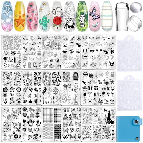 Biutee Nail Stamping Kit 15 Nail Stamping Plates with Clear Stamper 2 Scrapers Storage Bag Floral Butterfly Leaves Animal Summer DIY Nail Art Kit for Women Beginners