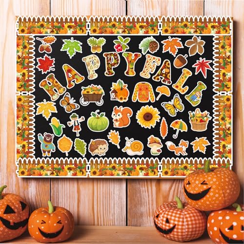 80 HAPPY FALL Deko Set für Pinnwände mit Ahornblättern, Kürbissen und Wandkarten (keine Aufkleber) für Klassenzimmer. Inklusive DS Klebequadrate zur einfachen Befestigung, ideal für Schüler und Lehrer
