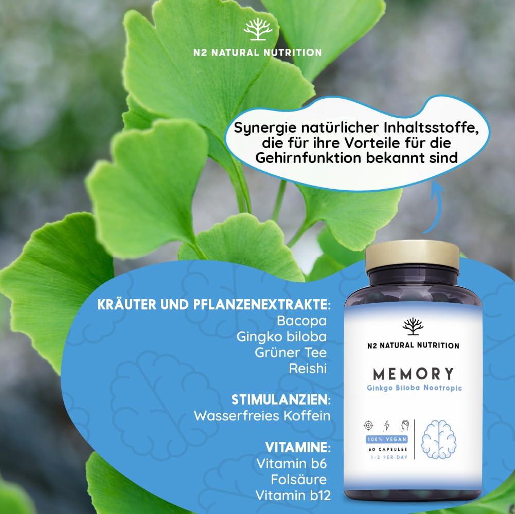 Nootropic - Ginko Biloba für Konzentration. Folsäure, Reishi, Bacopa Bonnieri. Brain Booster | Koffein. Vit b12, B6 zur normalen psychologischen Funktion beitragen.60Vegan Kapseln N2 Natural Nutrition