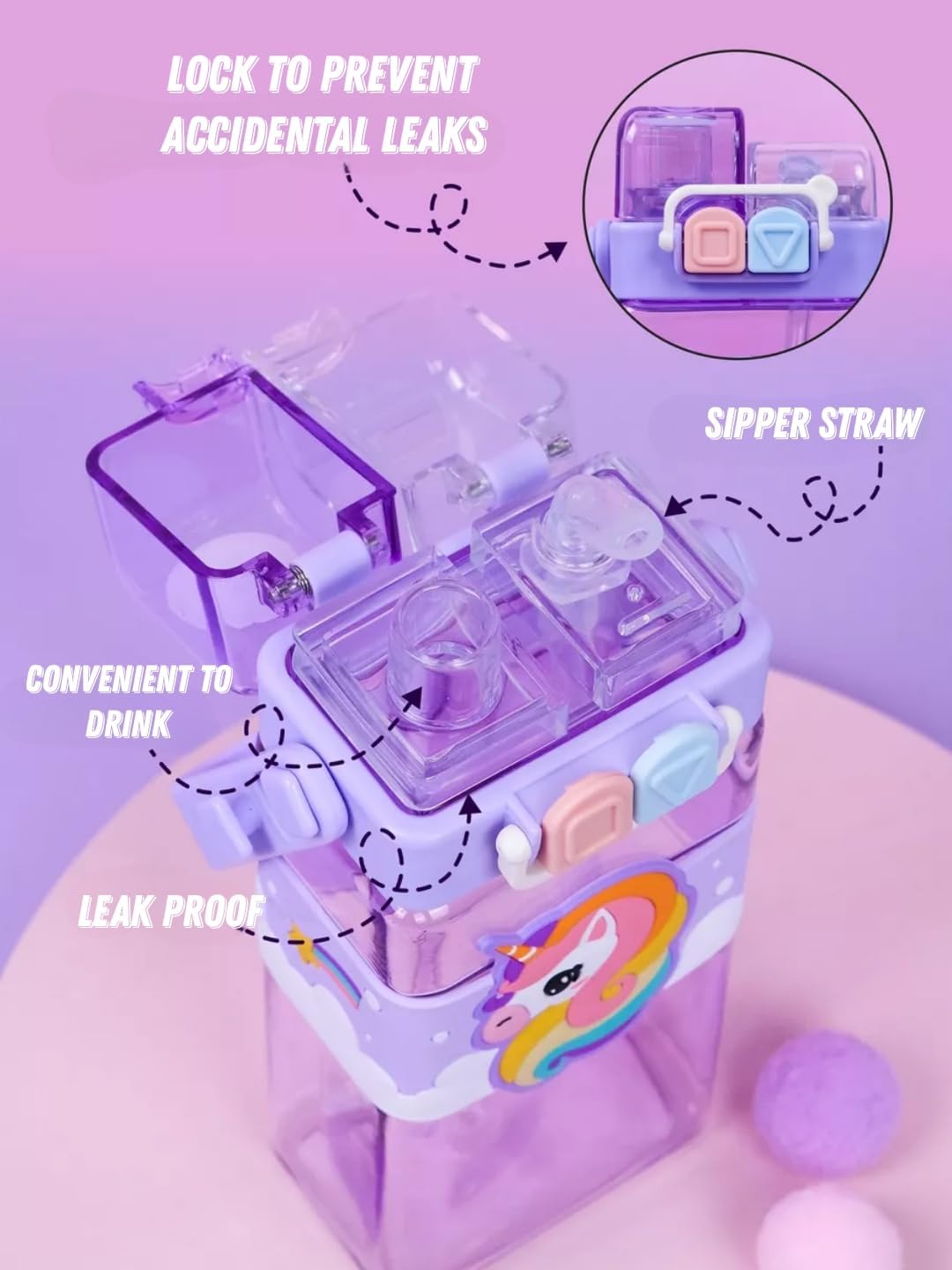 PLUSPOINT Unicorn Water Bottle for Kids with Carry Strap to Hang Double drinking Caps Sipper Bottle with Straw & Wide Mouth Leakproof, BPA Free Tritan Water Bottle for School Kids 520ML (Purple) 3