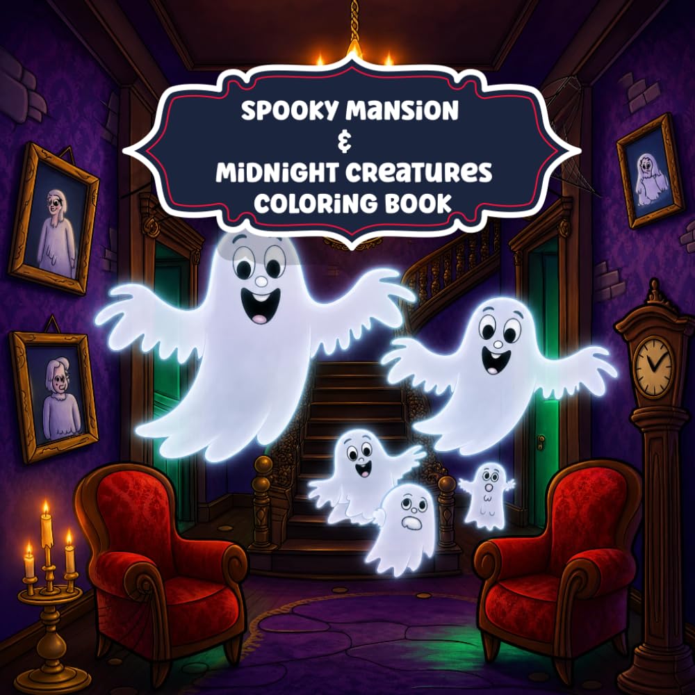 Spooky Mansion & Midnight Creatures Coloring Book: A Spooky & Cozy Halloween Coloring Book Featuring 50 Haunted Mansions, Skeleton Bands, and Midnight Monsters.