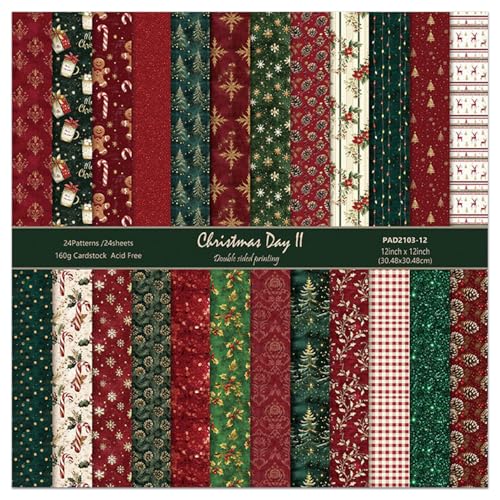 Christmas Scrapbook Paper Double Sided - 24 Sheets 12 x12 in Printing Pattern Decoupage Decorative Craft Paper Pad for Junk Journals Bullet Journal Card Making