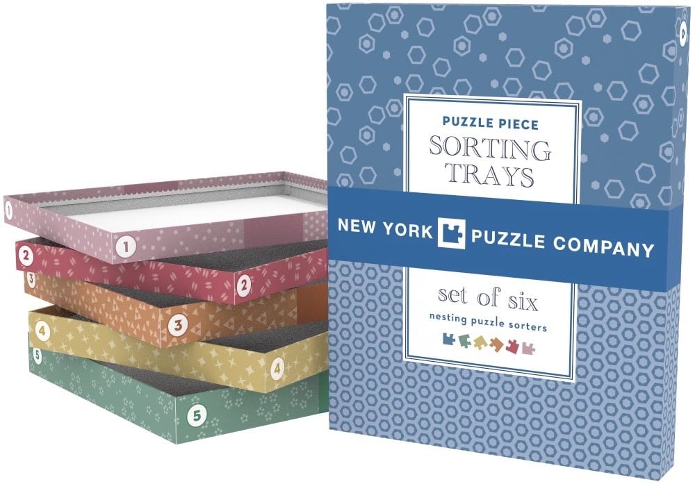 New York Puzzle Company Puzzle Sorting Trays - Set of 6 Nesting Trays for Jigsaw Puzzles, Eco-Friendly Stackable Puzzle Organizing Trays, 8" x 10" - Made in USA (Multicolor)