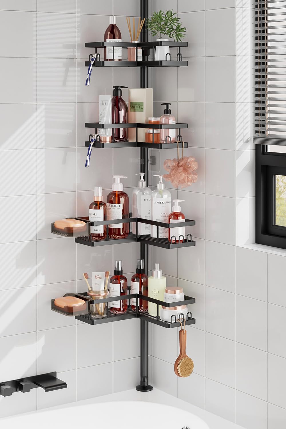 Photo 1 of YASONIC Corner Shower Caddy Tension Pole, 25.7-109.1in Adjustable Shower Shelves, Rust-Resistant Shower Organizer, No-Drill 3-Step Installation, Bathroom Shelves for Renters & Family, Black