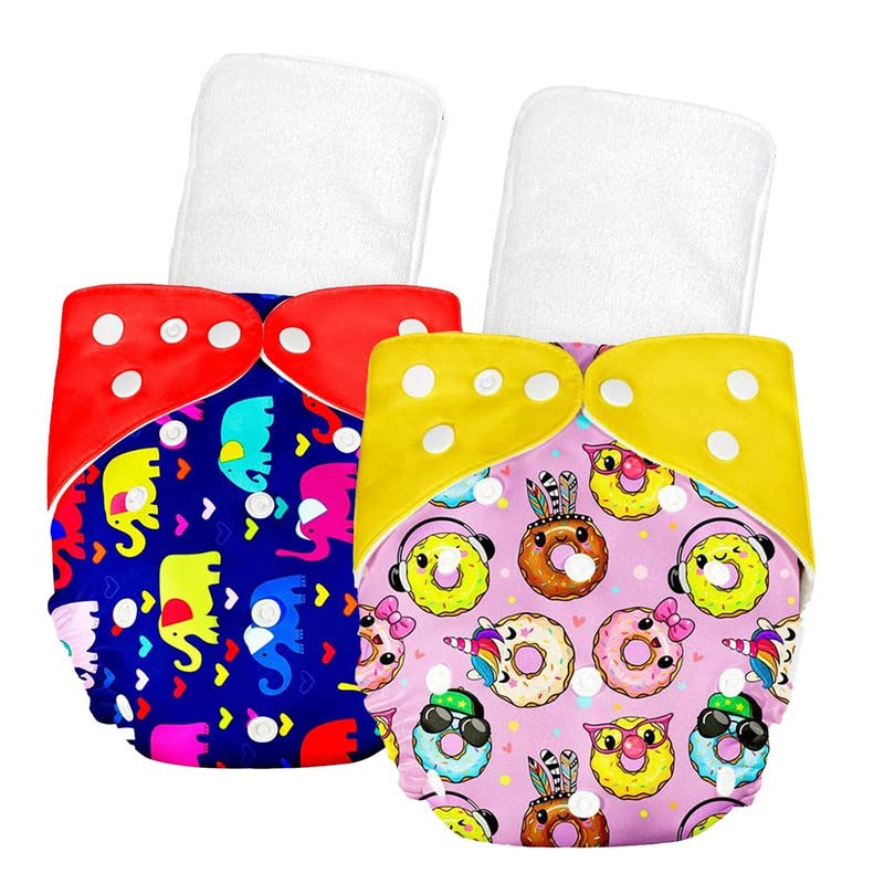 Image of Bumtum Baby Diaper | 0-3 Yrs Baby Freesize | Pack of 2, New Born Baby Diaper, Cloth Diaper, Waterproof Reusable Diaper, 5hrs Absorbency, Washable, Cotton, Extra Soft (Blue Red Elephant & Dounut)