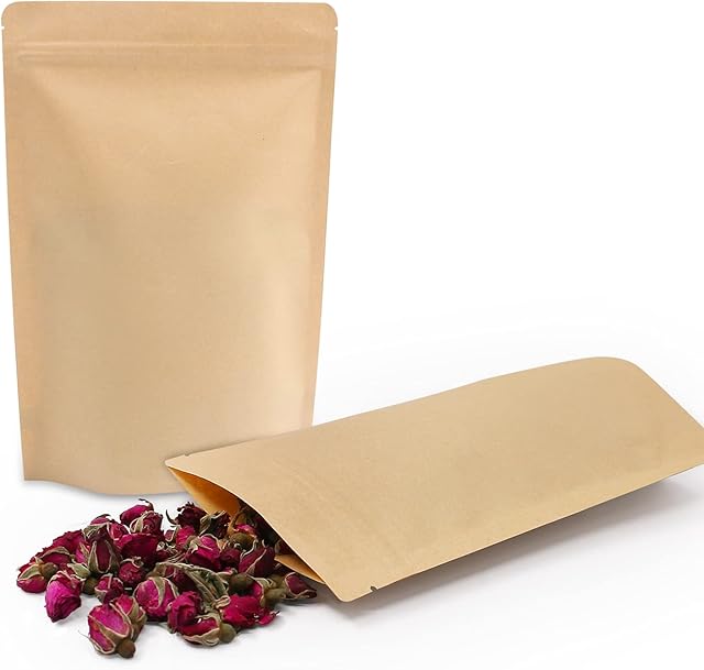 SumDirect 50Pcs 13x21cm Kraft Stand Up Food Bags, Zip Lock Reusable Packing Pouches Foil Lined with Tear Notch Thicken Heat Sealable, for Storing, Cookie, Snack Tea and Drinking