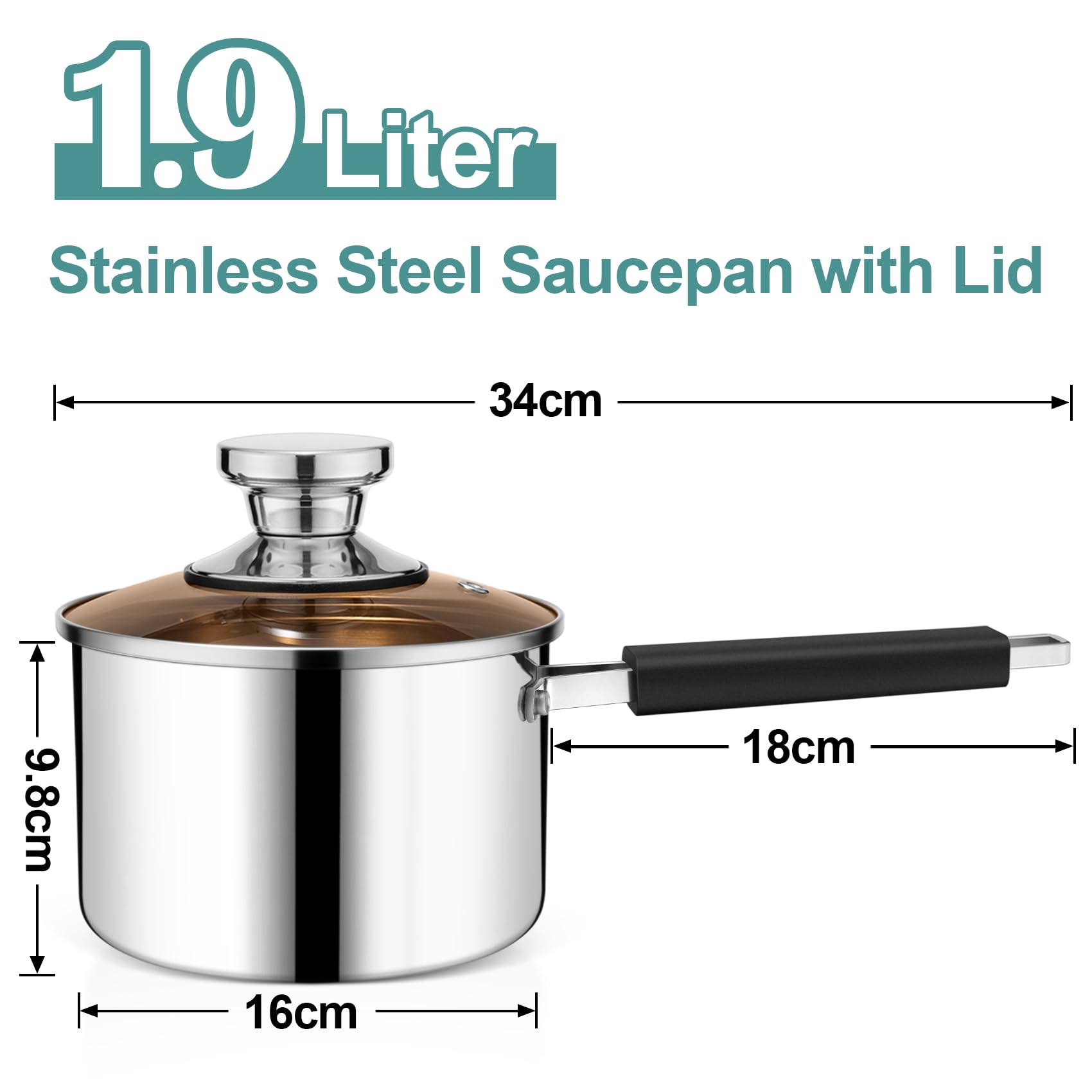 Onader 16cm Saucepan, Tri-Ply Stainless Steel Sauce Pan with Glass Lid - Image 2