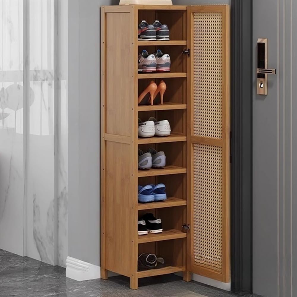 LITFAD 8-Tier Shoe Storage Cabinet Wood Grain Bamboo Shoe Console with Doors Entryway Hidden Shoe Shelving with Adjustable Shelf Closed Back Free Standing Shoe Organizer, 47" L x 12" W x 51" H