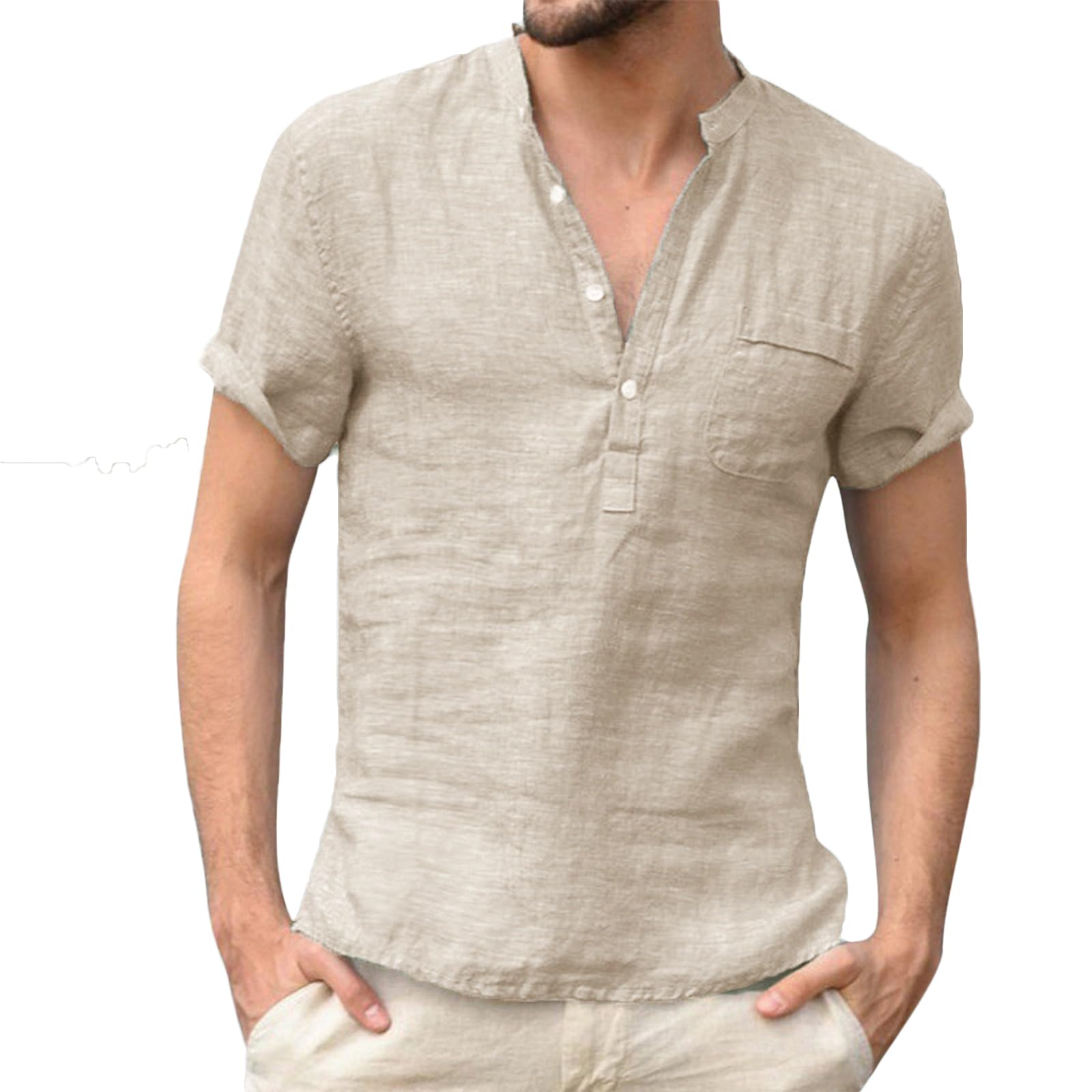 NIBESSER Camisa Lino Hombre Manga Corta Camisa Verano Hombre de Moda Camisa Cuello Mao Hombre Informal con Botónes Henley Shirt Transpirable para Vacaciones Mar Playa