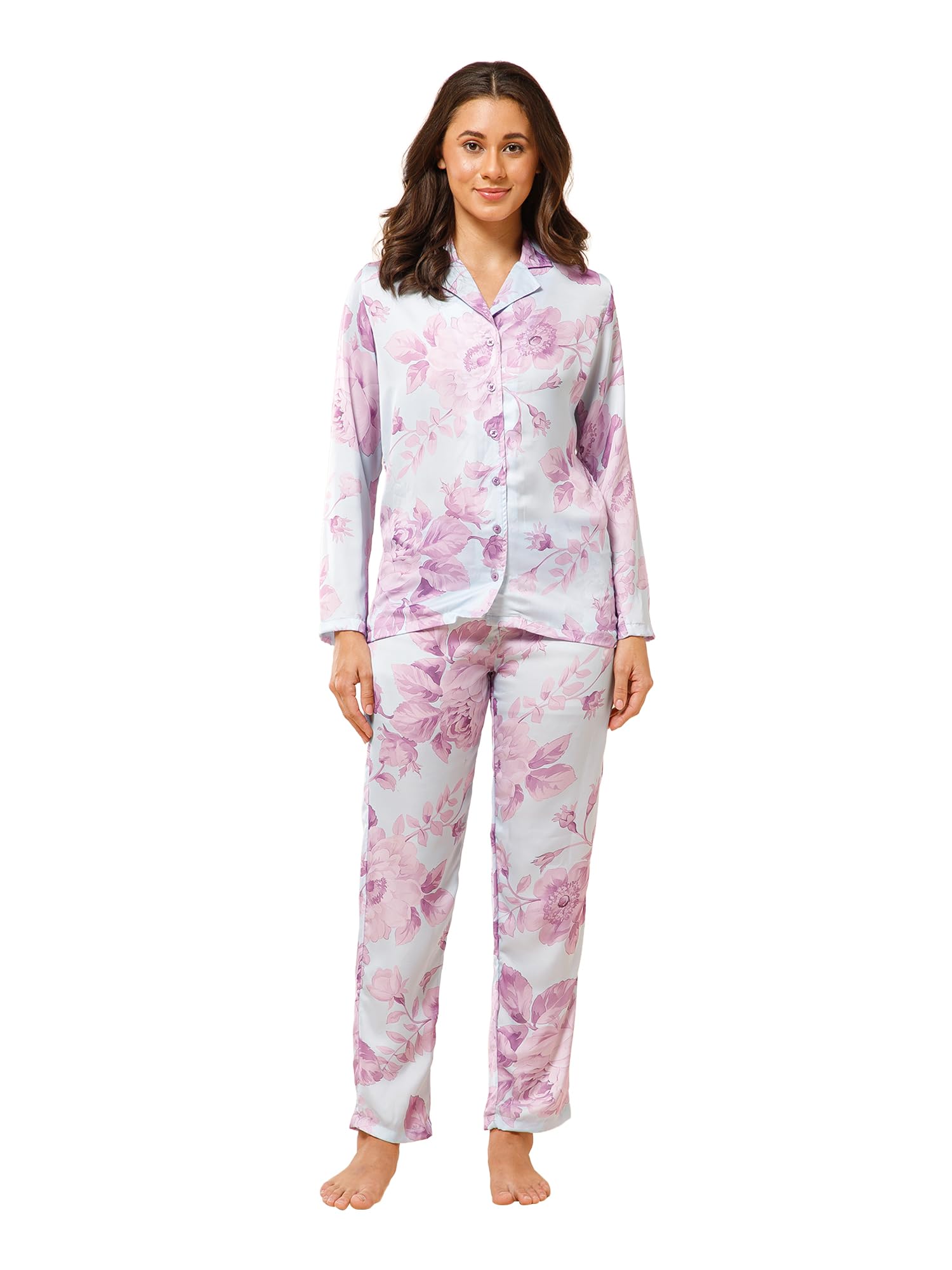 Women Pastel Floral Satin Night Suit|Shirt & Pyjama Set for Sleepwear & Nightwear-image-28