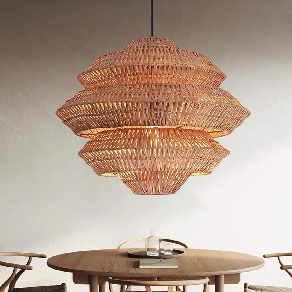 LYMSXAZOU 19.7in Large Rattan Chandeliers - 3-Tier Woven Boho Pendant Light Fixture for Kitchen, Dining Room, Bedroom & Restaurant