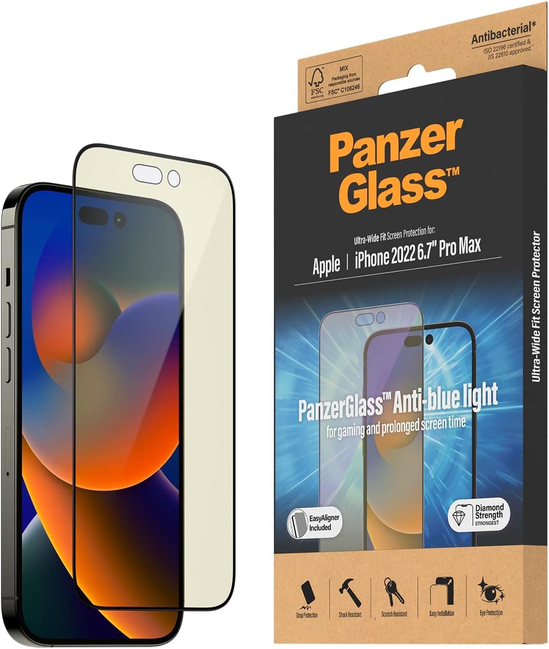 PanzerGlass™ Anti-blue light Screen Protector for iPhone 14 Pro Max - Ultra-Wide Fit scratch-resistant and eye-friendly screen protector with blue light filter - with mounting aid