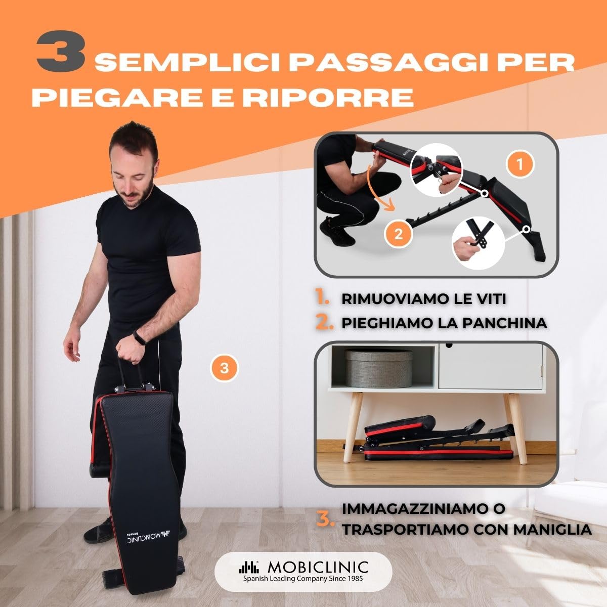 Mobiclinic® fitness, Panca per pesi, Pieghevole, Supporta 200 kg, Sedile e schienale regolabili, Flexfit, Multifunzione, Allenamento completo del corpo, Palestra domestica