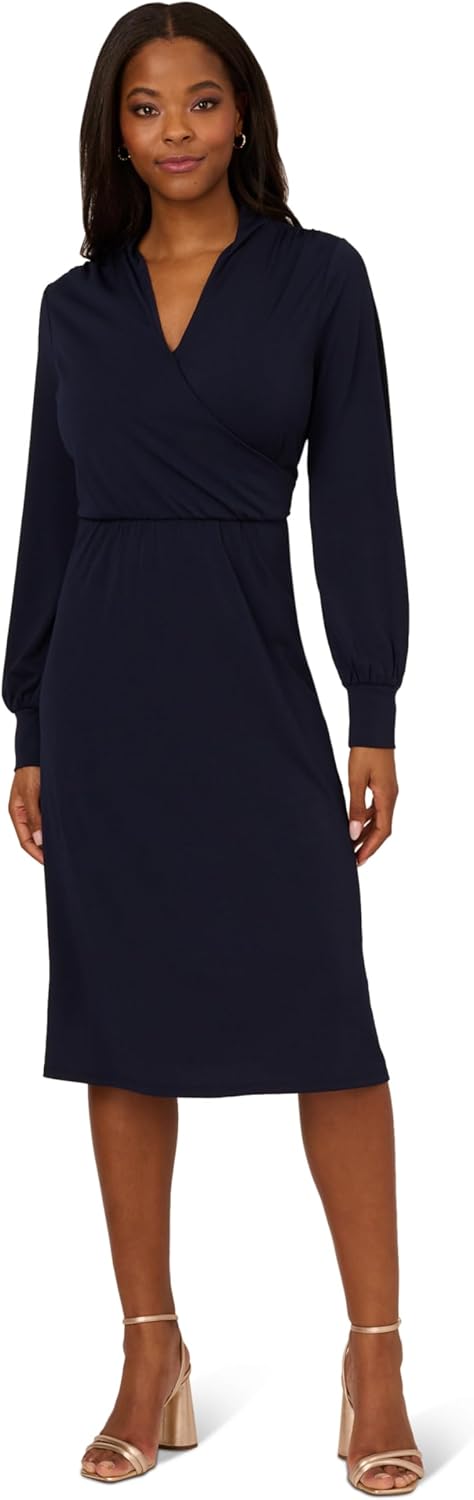 Adrianna Papell Womens Long Sleeve Wrap Midi Dress