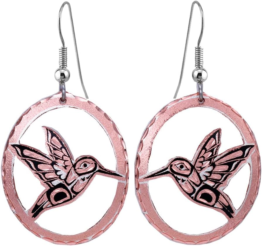 Artisan-crafted women's copper cutout earrings featuring 22 unique wildlife designs including hummingbird/dragonfly/wolf/butterfly/salmon/inuksuk/Mary/whale/cross/cat/totem/horse/turtle