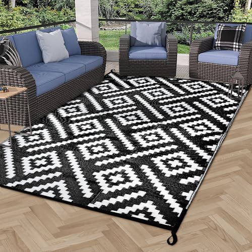 Image of Outdoor Reversible Rugs, Plastic Straw Area Mats, Modern Large Floor Rugs for RV, Patio, Backyard, Deck, Picnic, Beach, Trailer, Camping (Black & White, 4'x6')