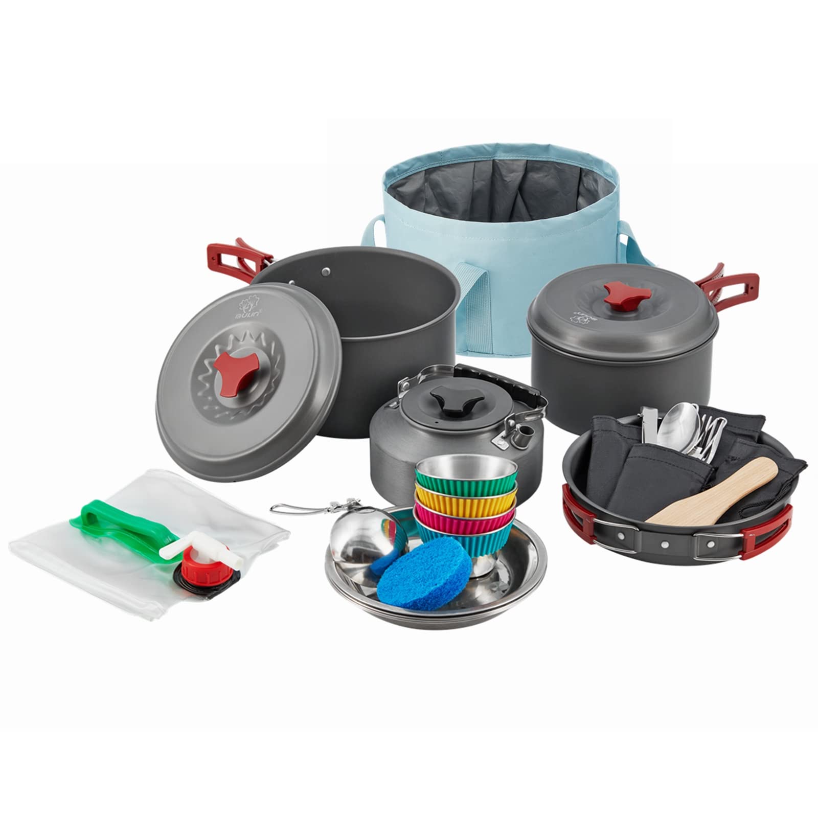 Bulin24/13/11/8/4 PCS Camping Cookware Mess Kit Lightweight Backpacking Cooking Set Outdoor Cook Gear for Family Hiking, Picnic(Kettle, Pot, Frying Pan, Bowls, Plates, Spoon)