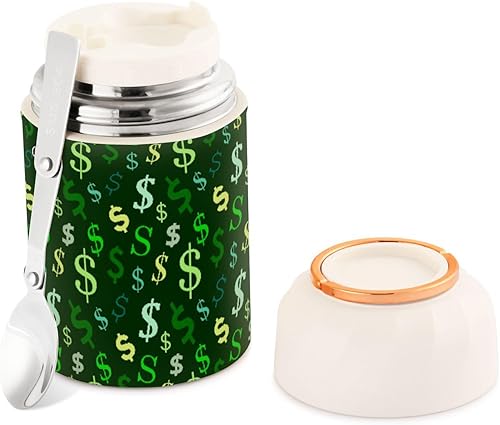 MCHIVER Dollar Sign Food Jar with Spoon Stainless Steel Vacuum Insulated Food Container 17 oz Thermos for Hot Food