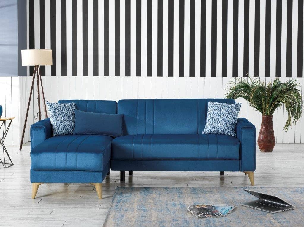 Divano Letto con penisola Miguel, Divano Contenitore ad Angolo con 3 Cuscini, Sofà in Tessuto con Apertura Click-clack, 225x151h84 cm, Blu