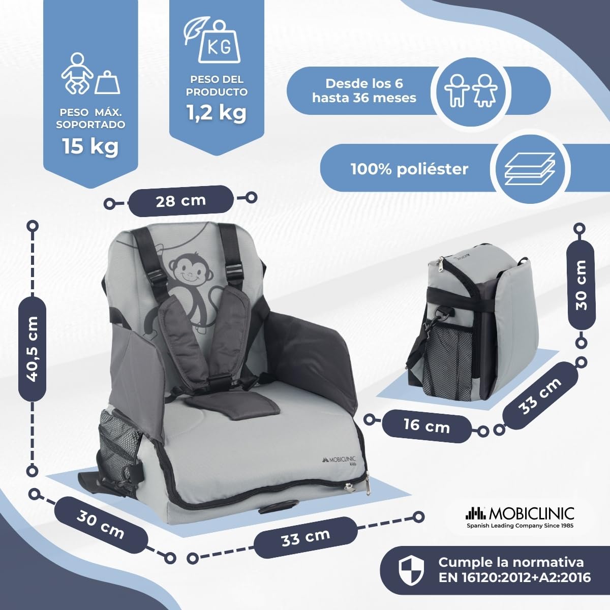Mobiclinic ®, Trona portátil bebé, Monkey, De viaje, 6 a 36 meses, Hasta 15kg, Plegable, Arnés ajustable 5 puntos, Con almacenamiento, Silla bebe, Color gris