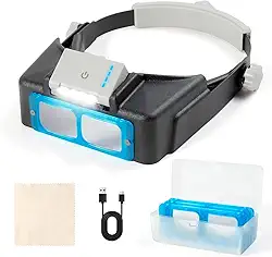 Lupa De Cabeça Com Luz Recarregável, 1,5X - 3,5X, 4 Lentes Substituíveis, Adequada Para Joalheiros, Artesanato, Hobby, Leitura E Trabalho Perto