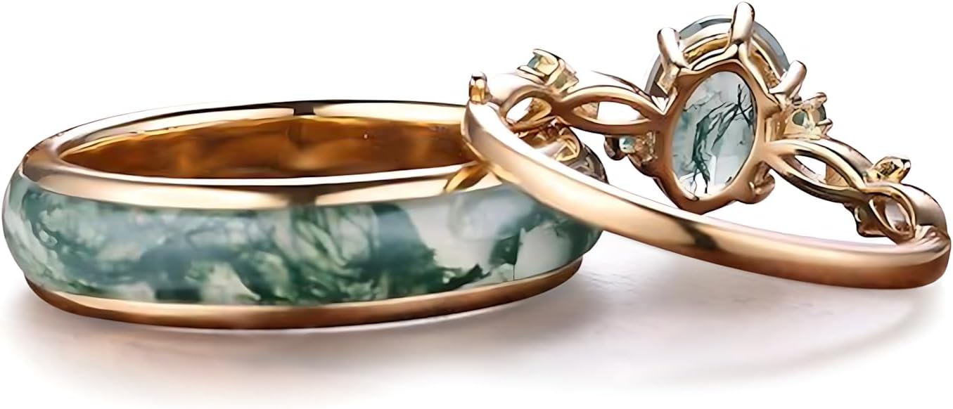 Natural Moss Agate Wedding Rings for Couple, S925 10K 14K 18K Gold Couple Rings Customized Promise Bands Sets for Him and Her for Anniversary Engagement Wedding-04