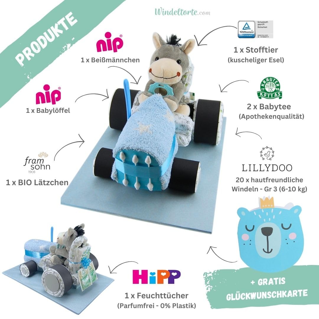 com - Windeltorte für Jungen | Blauer Windeltraktor - inkl. 20 LILLYDOO Windeln | Geschenk zur Geburt | Taufgeschenk | Geschenk zur Babyparty - Premium Windeltorte (blau)