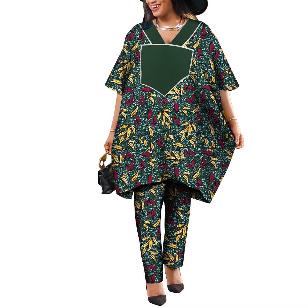 African Print 2 Pieces Outfit Women Ankara Top and Pants Set Shirt Dress