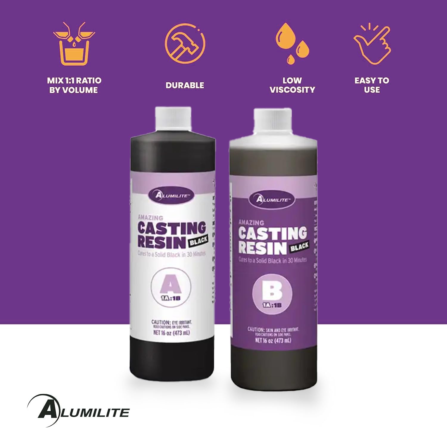 Alumilite Amazing Casting Resin Black, 32 oz (16 oz Part A + 16 oz Part B) – Ideal for Pouring Small to Large Durable Pieces, Arts, Crafts, and Architecture Molds, 30-Minute Demold Time