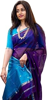 DHIHA Original Maheswari Cotton Silk Saree for Women | Kanjivaram Pure Silk Cotton Sari with Blouse | Zari Work | Tassels Price In India