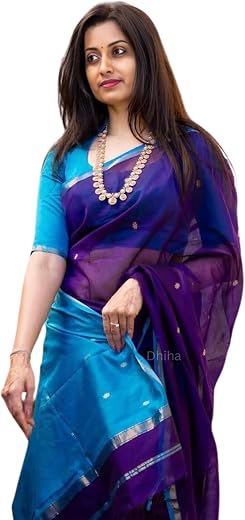 DHIHA Original Maheswari Cotton Silk Saree for Women | Kanjivaram Pure Silk Cotton Sari with Blouse | Zari Work | Tassels