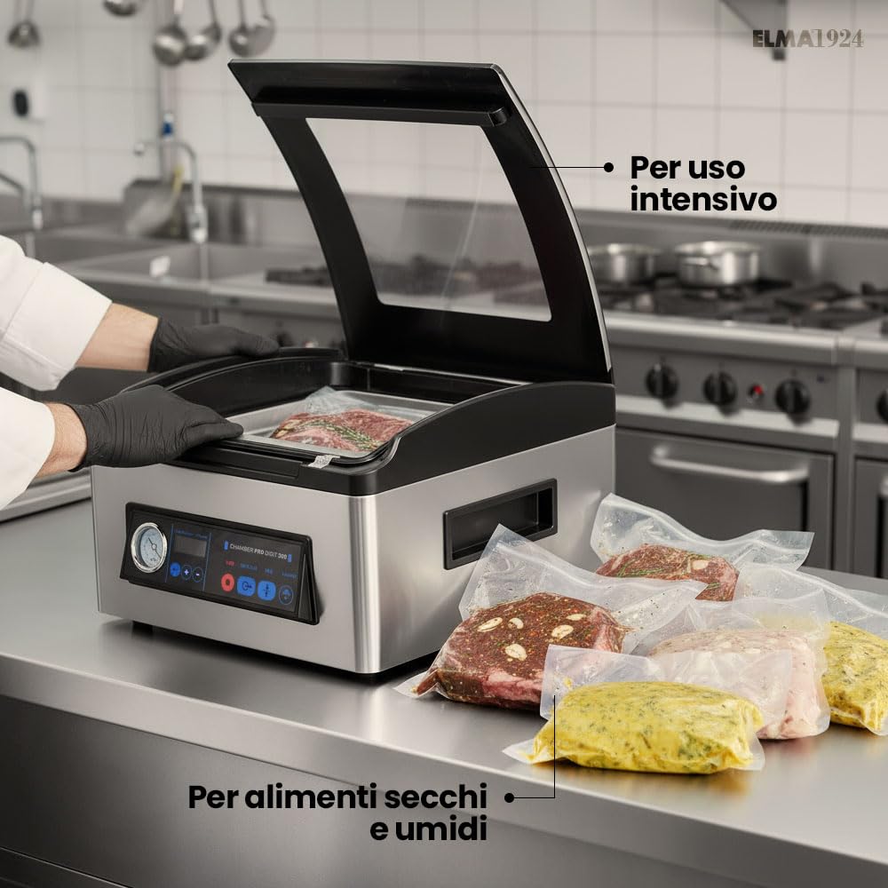 ELMA Confezionatrice Sottovuoto Professionale Chamber Pro Digit 300 | Uso Intensivo, Barra Saldante da 30cm, Consente Confezionamento con Liquidi, 43x36x23,5 cm, 350 W, Sacchetti Sottovuoto Inclusi