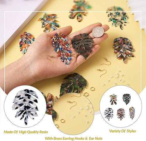 Miniatura 4 de Mega Pet Kit de fabricación de aretes, 10 colgantes de hoja de resina de acetato de celulosa con 20 ganchos de latón para aretes, 30 anillos de