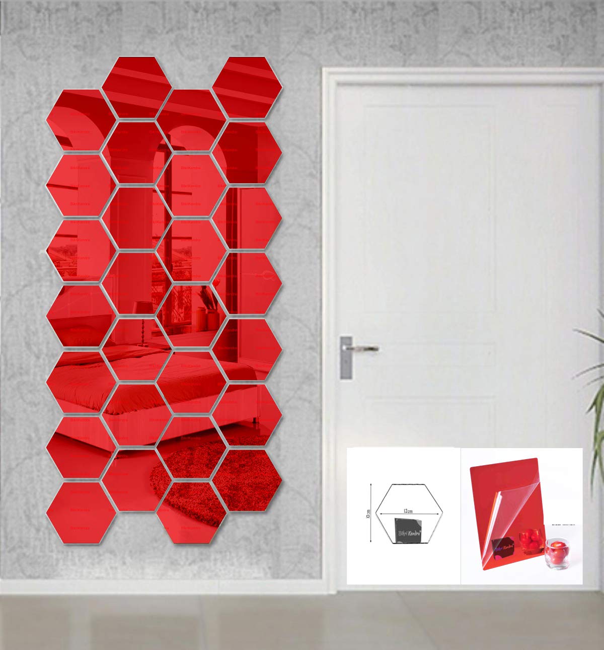 Bikri Kendra Hexagon red 283D Acrylic Decorative Mirror Wall