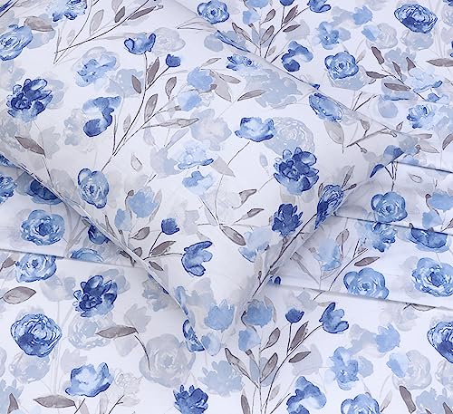 RUVANTI 100% Cotton Sheets Queen Size Set, 4 Pieces, Soft & Breathable Percale Weave Bedding, Deep Pocket 16", Hotel Standard, Crisp Cool Feeling, Durable, Perfect Floral Bed Sheet, Monotones